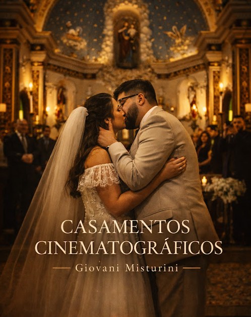 Casal de noivos se beijando no altar de uma igreja iluminada, sob o título Casamentos Cinematográficos.