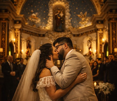 Noivos se beijando diante do altar de uma igreja ricamente iluminada por velas e luz dourada.